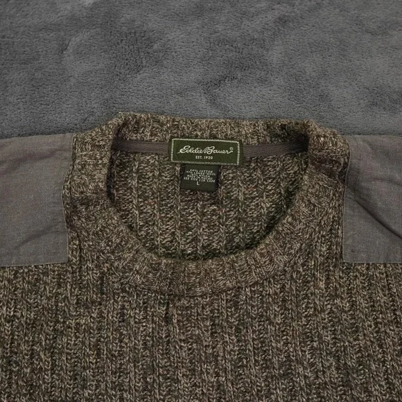 Eddie Bauer Sweater Mens Large Brown Pullover Military Crew Neck Elbow‎ Patches - Picture 3 of 11